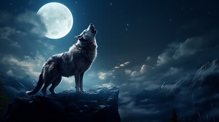 A 3d animation depicts a wolf howling towards the moon - obrazy, fototapety, plakaty