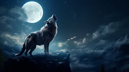 Papier Peint photo Lavable Pleine lune A 3d animation depicts a wolf howling towards the moon