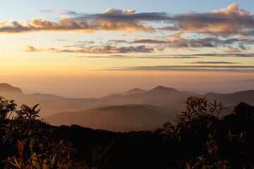 Beautiful silhouette landscape sunrise at Doi inthanon national park, chaingmai thailand.