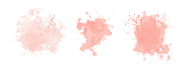 Fototapeta na wymiar Coral Red Watercolor Stains. Delicate Abstract Watercolor Splatter. Light Red Paint Stains. No Background. 3 Irregular Stains and Splatter Print.
