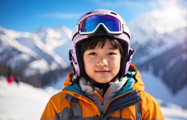 Fototapeta na wymiar Kid skier in helmet and winter clothes on the background of snow-covered mountain slope