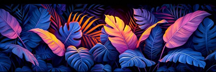 An abstract illustration capturing the vibrant beauty of tropical nature, featuring palm leaves and lush foliage. - obrazy, fototapety, plakaty