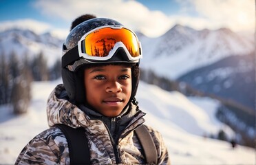 Fototapeta na wymiar Kid skier in helmet and winter clothes on the background of snow-covered mountain slope