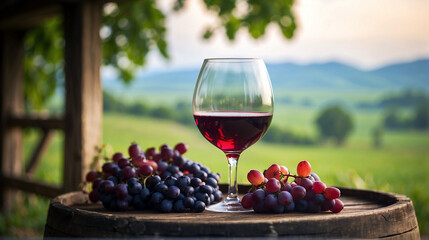 Glass of Red wine on a barrel in the countryside, beautiful natural photography 