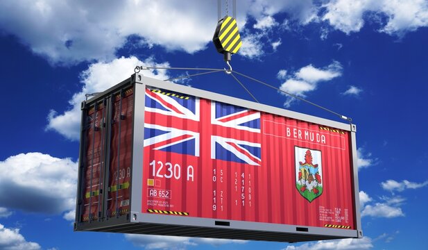 Freight shipping container with national flag of Bermuda hanging on crane hook - 3D illustration