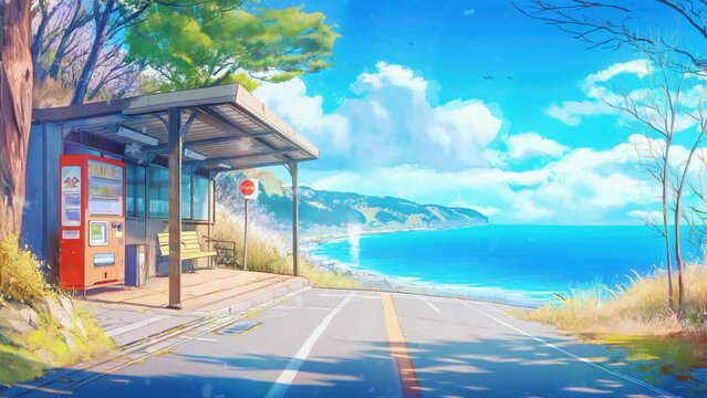 Anime landscape cityscape, bus stop in the countryside, waves in the sea, mountains and blue sky. Seamless video