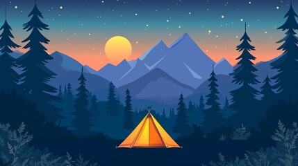 Vivid 2D vector illustration of a tent in the middle of forest and mountains, country and nature theme, camping concept