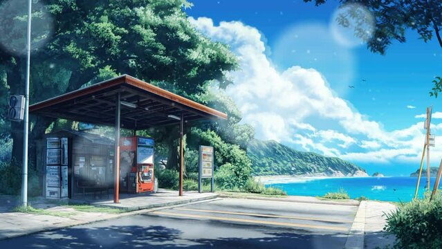 Anime landscape, bus stop in the countryside with sea, mountains and blue sky