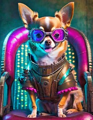 illustration of a dog with futuristic glasses, neon colors
