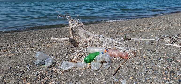plastic pollution in lake Sevan, Armenia, plastic bottles on beach, old fisheries gear and nets, rubbish and polluted environment