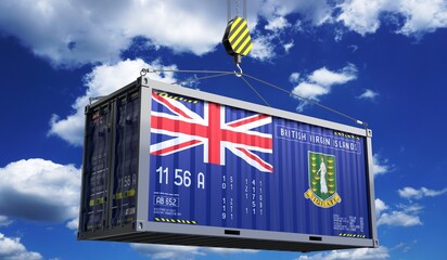 Freight shipping container with national flag of British Virgin Islands hanging on crane hook - 3D illustration - obrazy, fototapety, plakaty
