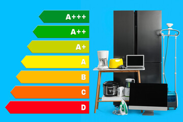 Energy efficiency rating label and different household appliances on light blue background - Powered by Adobe