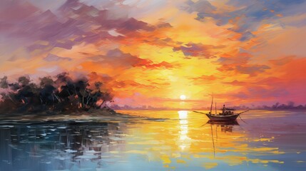 A colorful oil painting on canvas shows a sunset and a boat from asia. it's used for painting lessons and is part of an interior design picture.