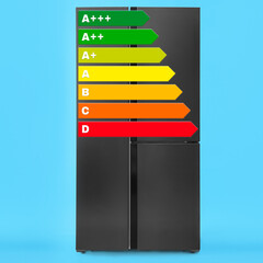Energy efficiency rating label and refrigerator on light blue background