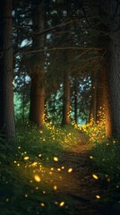 Serene Path in Woods With Fireflies Lighting