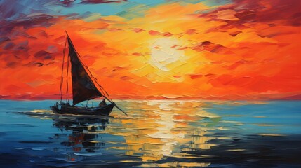 A colorful oil painting on canvas shows a sunset and a boat from asia. it's used for painting lessons and is part of an interior design picture.