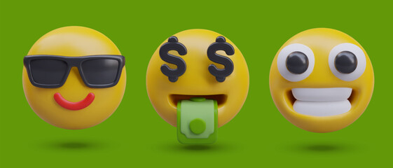 Set of realistic emoticons on green background. Face in sunglasses, dollars instead of eyes, mouth full of money, joyful smile. Concept of coolness, full life, good mood