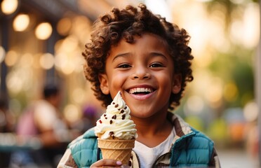 Kid eating ice cream in waffle cone - Powered by Adobe