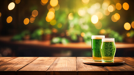 St. Patrick's Day celebration concept - glass with green beer drink empty wooden tabletop, green background with golden bokeh - obrazy, fototapety, plakaty