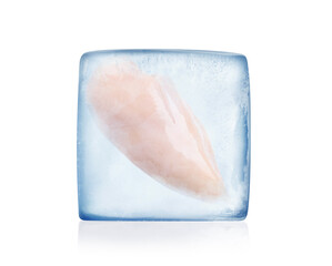 Frozen food. Raw chicken breast in ice cube isolated on white