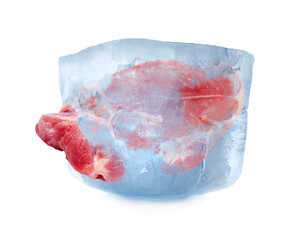Fototapeta premium Frozen food. Raw meat in ice cube isolated on white