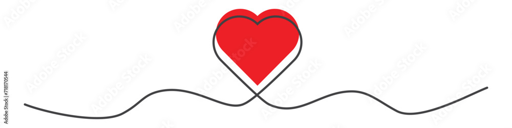 Wall mural continuous line heart shape border with red heart on white and transparent background. valentine hea
