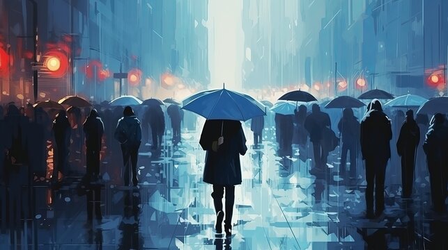 A digital art style illustration painting depicts a man standing in the rain while people hold umbrellas and walk across the street.