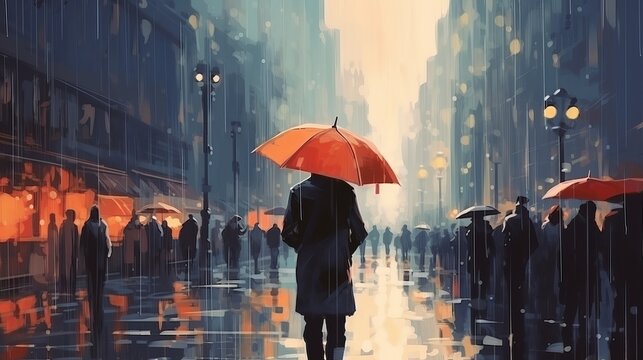 A digital art style illustration painting depicts a man standing in the rain while people hold umbrellas and walk across the street.