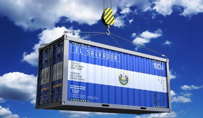 Freight shipping container with national flag of El Salvador hanging on crane hook - 3D illustration - obrazy, fototapety, plakaty