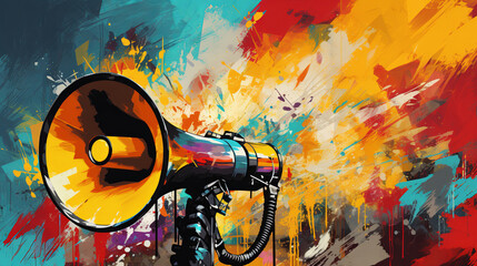 Megaphone, vibrant art and freedom of expression. Colorful, dynamic and energetic communication through art for liberty, creativity and social change. Inspiring visual message for a diverse audience.