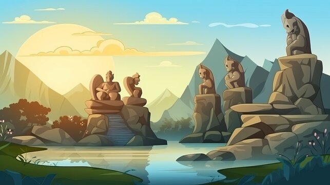 A fantasy landscape that features hand statues in a cartoon illustration.