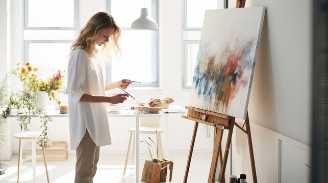 A female artist is standing next to a white wall, holding a canvas and brushes.