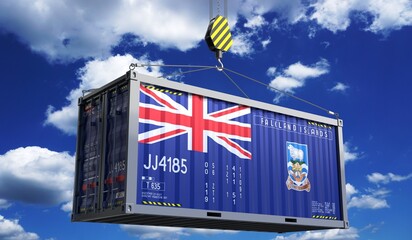Freight shipping container with national flag of Falkland Islands hanging on crane hook - 3D illustration