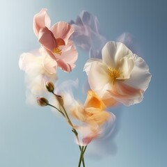 Flying flowers realism creative photography. Beautiful orchid flowers bouquet on blue background. Generative AI