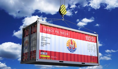 Obraz premium Freight shipping container with national flag of French Polynesia hanging on crane hook - 3D illustration