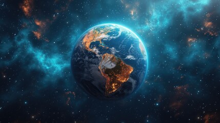 Obraz na płótnie Canvas View of Earth from space, showcasing its continents, oceans, and atmosphere in a stunning 3D representation under the night sky