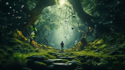 A forest that is surreal is being walked through by a man - obrazy, fototapety, plakaty