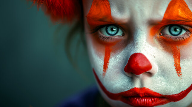 A closeup portrait of a child dressed in makeup as a sad clown. 