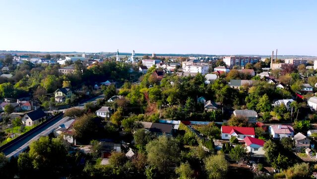 Aerial view. The central part of the town of Korsun-Shevchenkivskyi. Cherkasy Oblast, central Ukraine