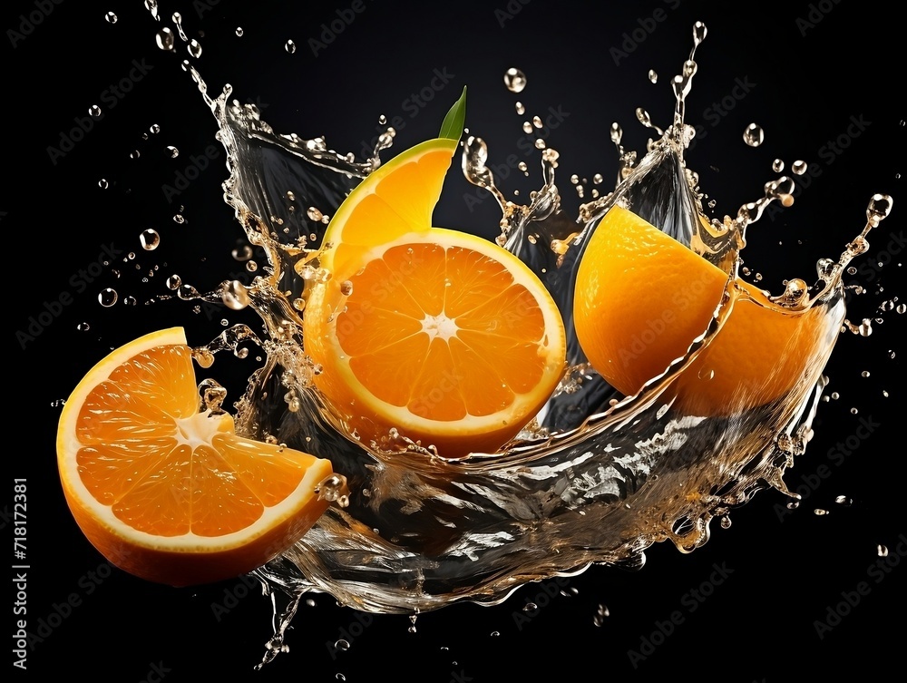 Wall mural Cut orange with water splash on a black background