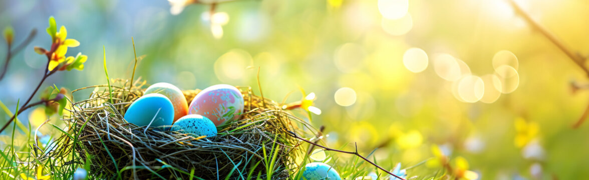 Buntes Osternest mit Eiern im Gras an einem sonnigen Fr&uuml;hlingstag - Osterdekoration, Banner, Panorama, Hintergrund