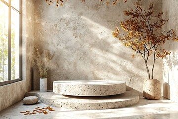 Blank cream white cement curve counter podium with texture, soft beautiful dappled sunlight, leaf...