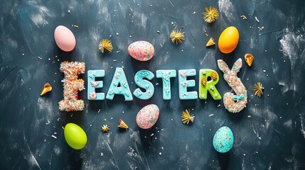 colorful photo of the text "EASTER" with eggs around