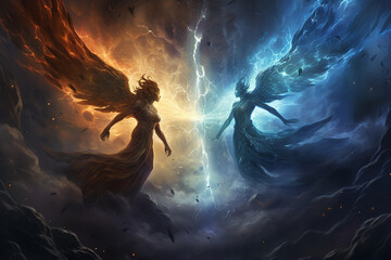 Amidst a cosmic storm, an angelic being with wings of lightning commands the celestial tempest, while a demon with smoky, billowing wings revels in the chaos.