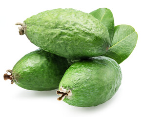 Feijoa fruits with leaf isolated on white background.