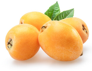 Ripe perfect loquat fruits with green leaves isolated on white background.
