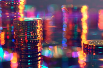 Close-up of a stack of shiny coins - obrazy, fototapety, plakaty