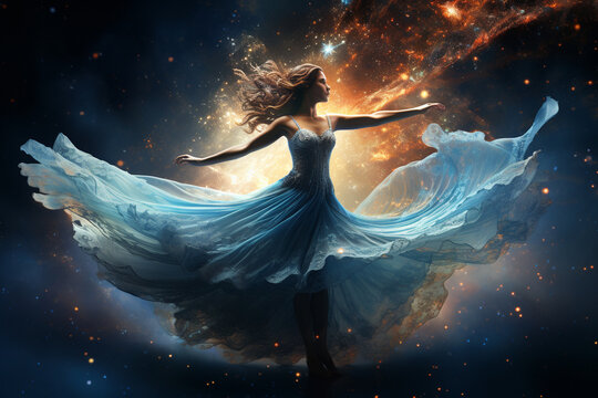 Within the cosmic ballet of galaxies, an angelic dancer with wings of cosmic dust pirouettes among the stars, leaving trails of stardust in their wake as.