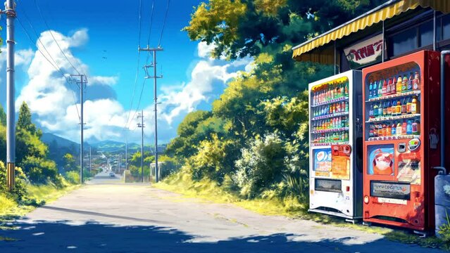 Vending machines in the countryside, beautiful anime landscape