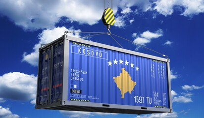 Freight shipping container with national flag of Kosovo hanging on crane hook - 3D illustration - obrazy, fototapety, plakaty